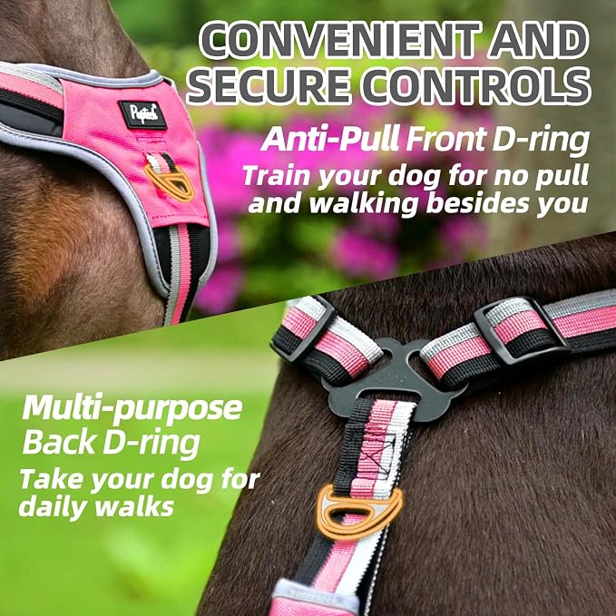 PUPTECK Escape Proof Dog Harness with Padded Handle, No Pull Pet Vest Harness Durable Reflective for Medium Large Dogs Walking Training and Running, Pink, L