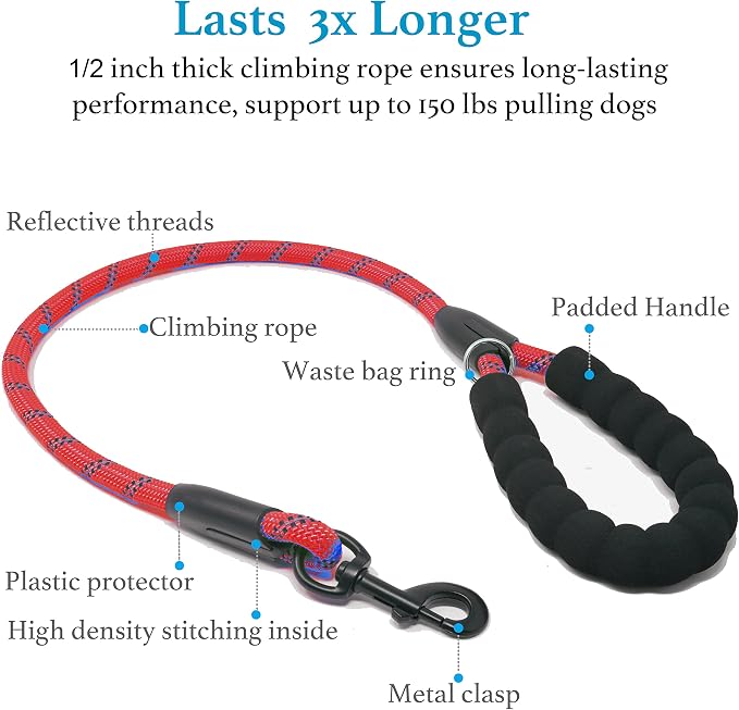 iYoShop Double Dog Leash, 360° Swivel, No Tangle, Large, 25-150 lbs, Red | Dual Leash for Two Dogs, Split Leash, Shock-Absorbing Bungee, Padded Handle, Heavy-Duty Rope