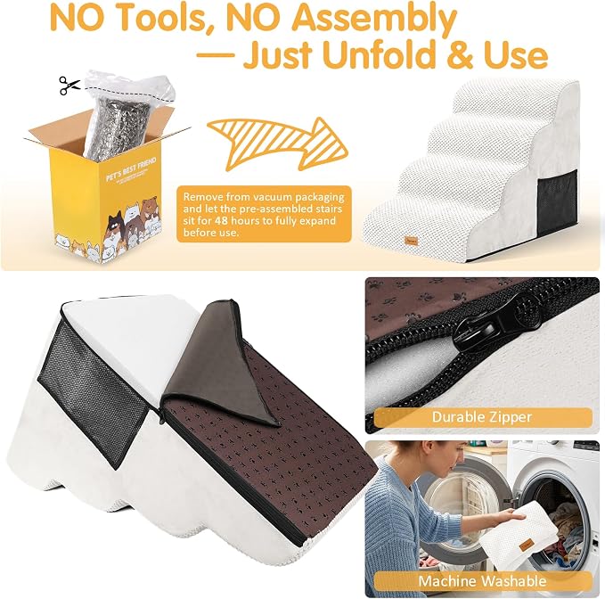 Topmart High Density Foam Dog Steps 4 Tiers,Extra Wide Deep Pet Steps,Non-Slip Dog Stairs Ramp for Bed,Soft Foam Cat Ladder,Best for Older Injured,Older Pets,Cats with Joint Pain