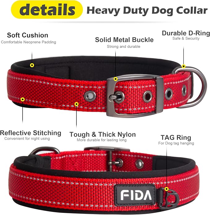 Fida Heavy Duty Dog Collar for Large Dogs with Metal Belt Buckle, Red | Soft Neoprene Padded for Extra Comfort, Thicker Nylon Webbing, Adjustable Fit, Reflective Stitching for Night Safety
