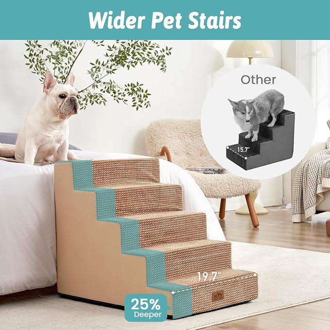 COZY KISS Dog Stairs with Detachable Zipper, 19.7" Extra Wide Right-Angle Pet Stairs for Bed, Anti-Slip Dog Steps for Lowrider and Elderly Cats with Support Board, 19.7x29.5x23.6 inch, Light Brown