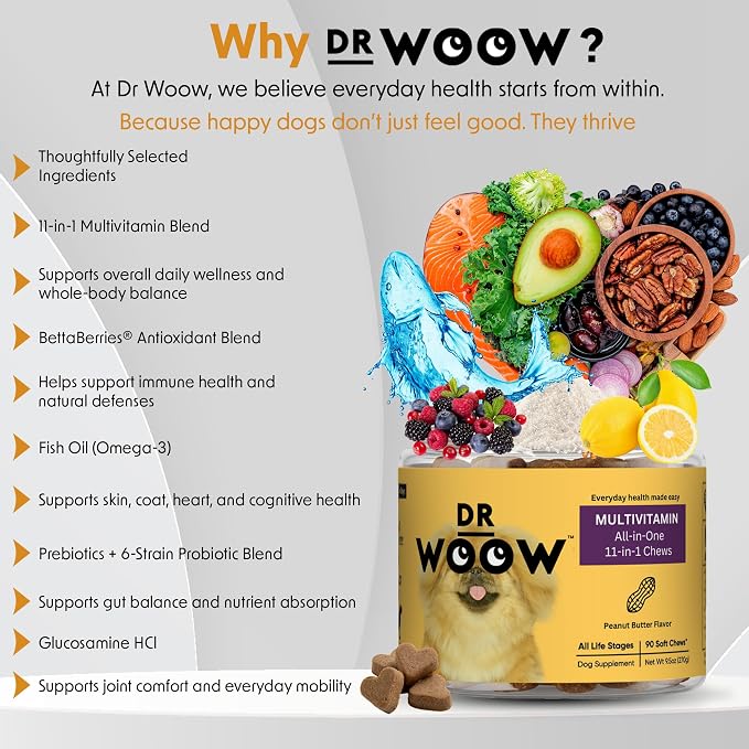 Multivitamin Supplements for Dogs Soft Chews (90 CT) – 11-in-1 Daily Wellness + Immune & Gut Support – Glucosamine + Probiotics – Made in USA