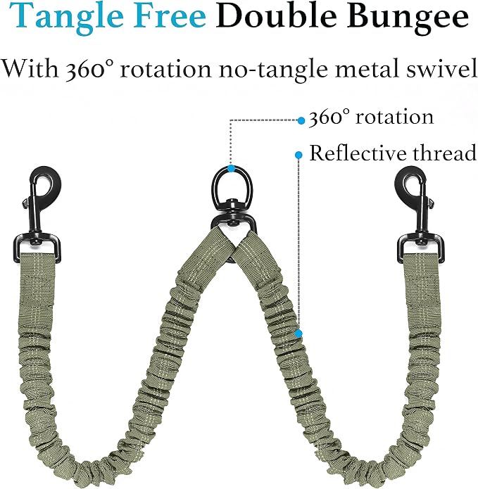 iYoShop Double Dog Leash, 360° Swivel, No Tangle, Medium, Military Green | Dual Leash for Two Dogs, Split Leash, Shock-Absorbing Bungee, Padded Handle, Heavy-Duty Rope