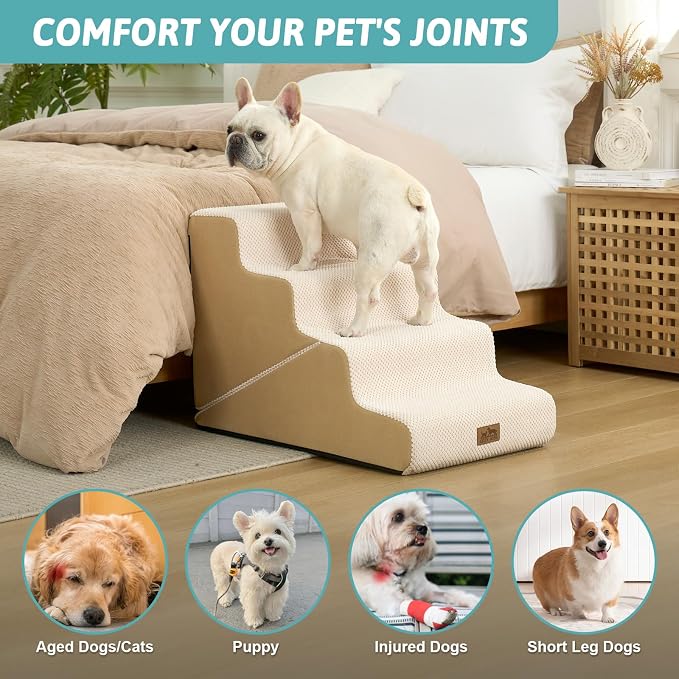 COZY KISS Dog Stairs for Small Dogs, 4-Step 2-in-1 Dog Steps,19.7" H | 4-step dog stairs and ramps for Old Cats, Puppy, Small Dogs,Non-Slip Base,for Couch & Bed, Beige