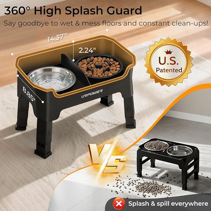 URPOWER Mess Proof Elevated Dog Bowls, High Wall Splash Guard Design, 4 Height Adjustable Raised Bowl Stand with Stainless Steel Bowl & Slow Feeder Bowl, Non-Slip Food Water Set for Small, Medium Dogs