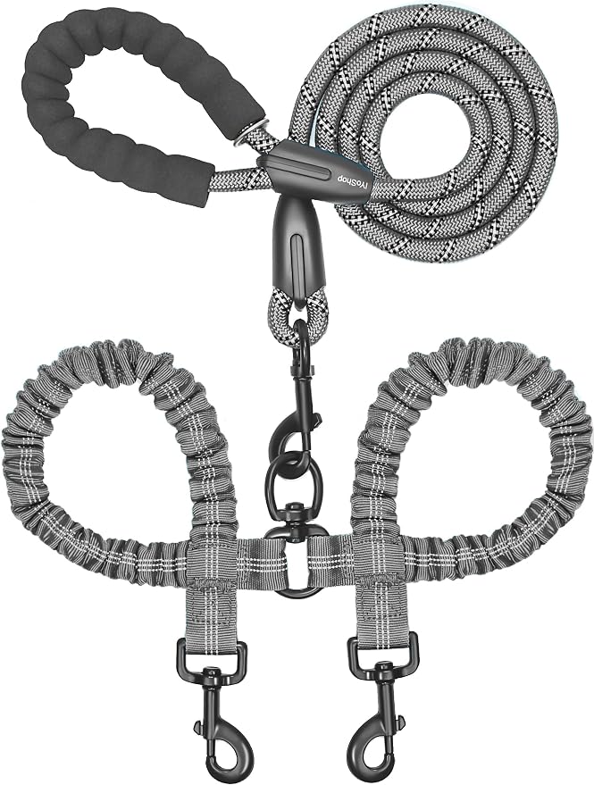 iYoShop Double Dog Leash, 360° Swivel, No Tangle, Large, 25-150 lbs, Grey | Dual Leash for Two Dogs, Split Leash, Shock-Absorbing Bungee, Padded Handle, Heavy-Duty Rope