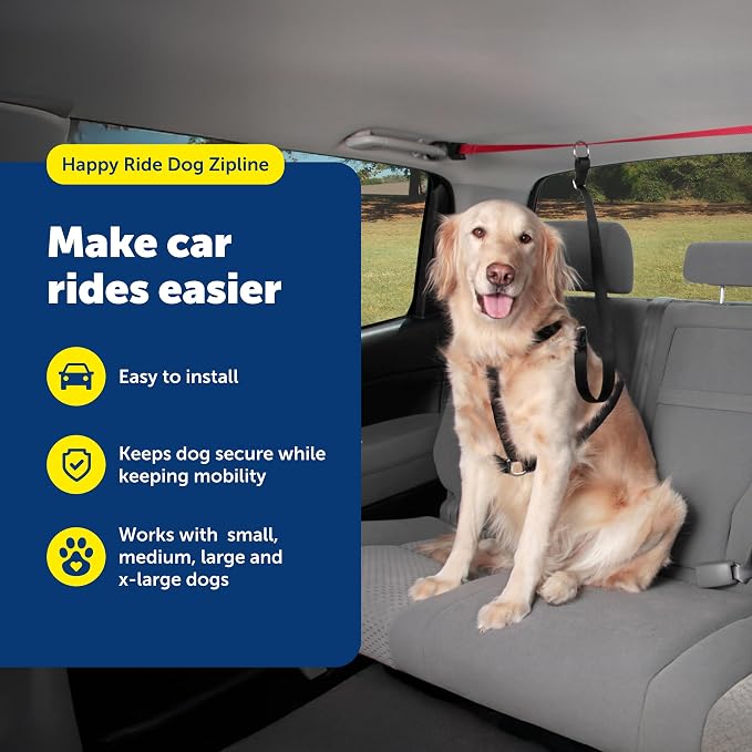 PetSafe Happy Ride Dog Zipline Car Leash | Secures Dog in Backseat While Allowing Mobility, Reduces Driver Distraction, Durable Nylon, Fits Most Vehicles, All Dog Sizes