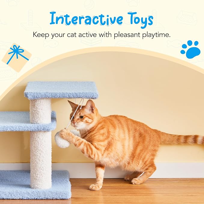 15''H Multi-Step Pet Stairs for High Beds & Sofas, 3-Step Cat Stairs with 2 Toy Balls, Wide Boards for Indoor Kittens Dogs Pets Climbing, Blue