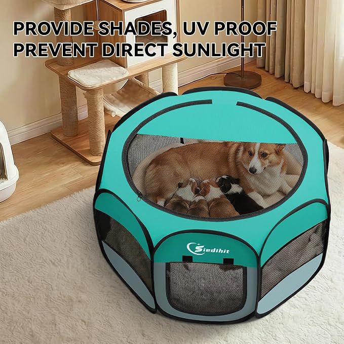 Siedihit Playpen for Middle Dog Cat, Dogs Tent Crate Cage Indoor/Outdoor, Portable Pop Up Dog Kennel with Carrying Bag for Rabbits, Removable Top (Green, Medium)