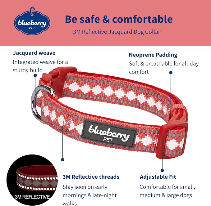 Blueberry Pet 3 Colors 3M Reflective Jacquard Neoprene Padded Adjustable Dog Collar, Coral
