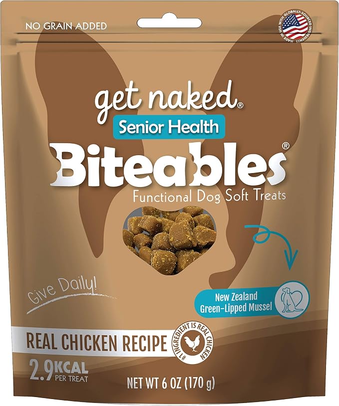Get Naked Biteables Daily Soft Dog Treats for Senior Health, Made with Real Chicken and New Zealand Green-Lipped Mussel, Functional Soft Chews for Senior Dogs, Grain-Free, 6oz