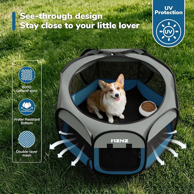 Dog Cat Playpen, Portable Puppy Pet Crate Indoors for Small/Medium Dogs Cats Rabbits, Foldable Dog Cage Enclosure for Outdoor, Pop Up Dogs Tent Kennel with Carrying Case, Grey Blue