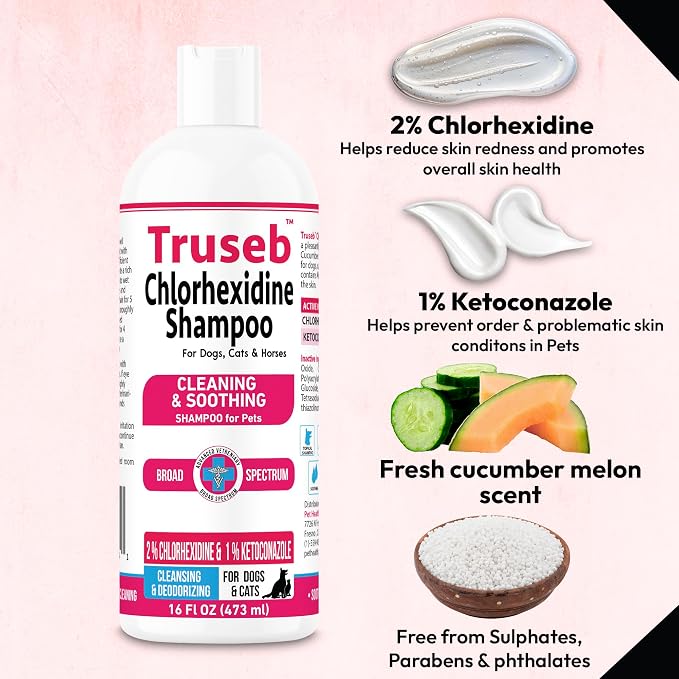 Truseb Topical Ketoconazole and Chlorhexidine Shampoo for Dogs, Cats, and Horses with Aloe - 16 oz (Ketoconazole & Chlorhexidine Shampoo, 16 oz)