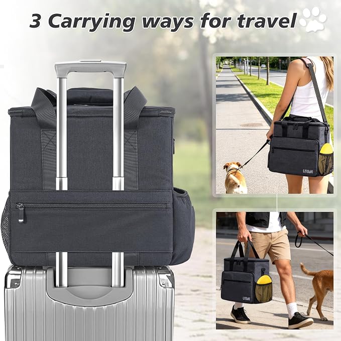 Dog Travel Bag Large Set with Food Containers, Bowls & Feeding Mat, Black