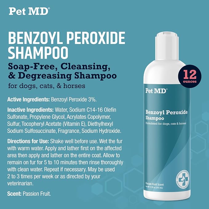 Pet MD - Benzoyl Peroxide Shampoo for Dogs and Cats - Effective for Skin Conditions, Dandruff, Itch Relief, Acne and Folliculitis - Citrus Scent - 12 oz (Pack of 2)