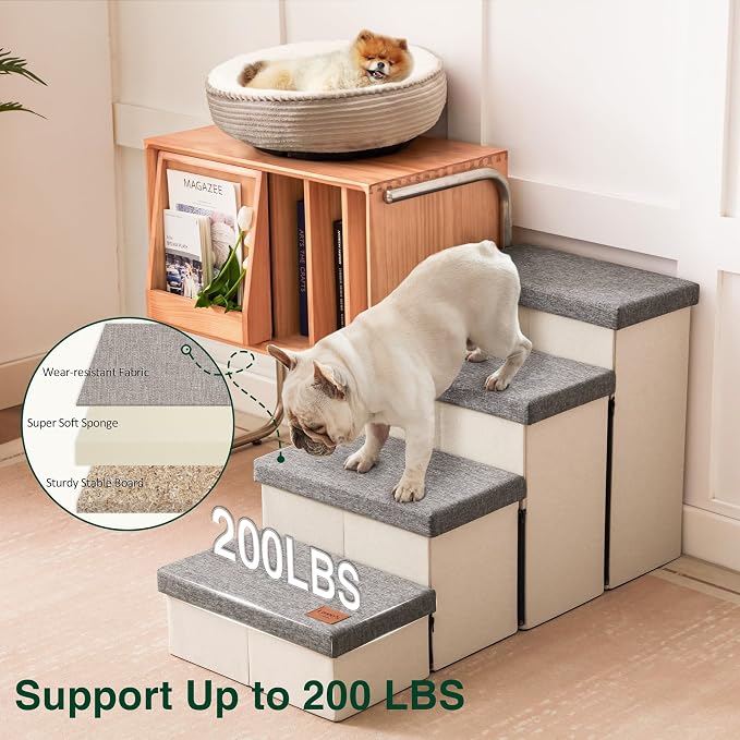 Love's cabin Dog Stairs for Small Medium or Large Dogs with Storage and Adjustable Steps, Foldable Cat Steps for Bed or Couch, 4-Step Gray Folding Ramp with Zip up to 200 lbs, Light Grey