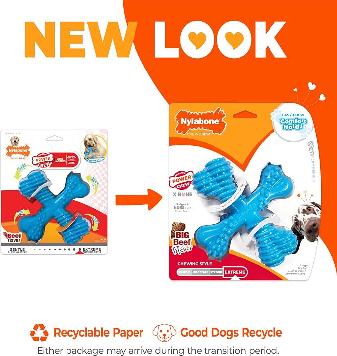 Nylabone Power Chew Comfort Hold X Bone Dog Chew Toy, Beef Flavor, Large | Large breeds, durable dog toys for dogs up to 50 lbs, teeth-cleaning textures, discourages destructive chewing, long lasting