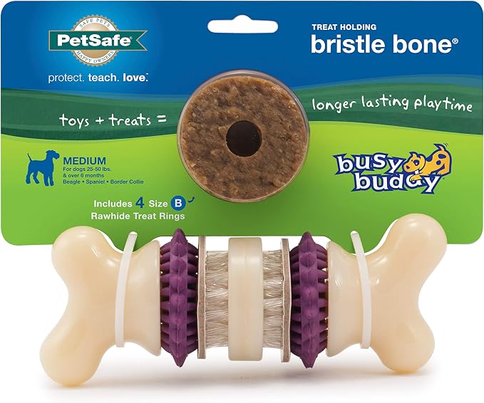 PetSafe Treat Rings - 16 Rings - Size B - Original & Busy Buddy Bristle Bone - Treat-Holding Toy for Dogs - Purple, Large