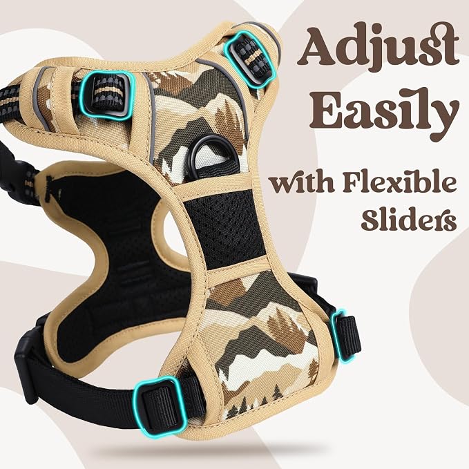 rabbitgoo Dog Harness Medium Sized, Updated Easy On & Off with 3 Buckles | No Pull No Choke, Walking with 2 Clips and Handle, Adjustable Soft Reflective, Desert Ridge, Medium
