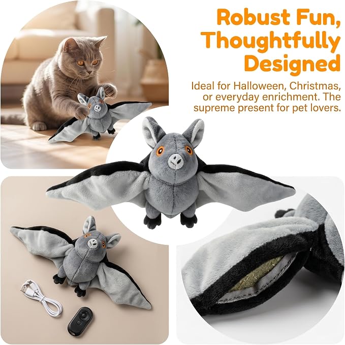 Flying Bat Dog Toy, Motion Activated Flapping Bat Cat Toy with Realistic Wings and Chirping Sounds, Rechargeable Remote Control Halloween Toy for Indoor Cats, Kittens and Small Dogs，2PCS