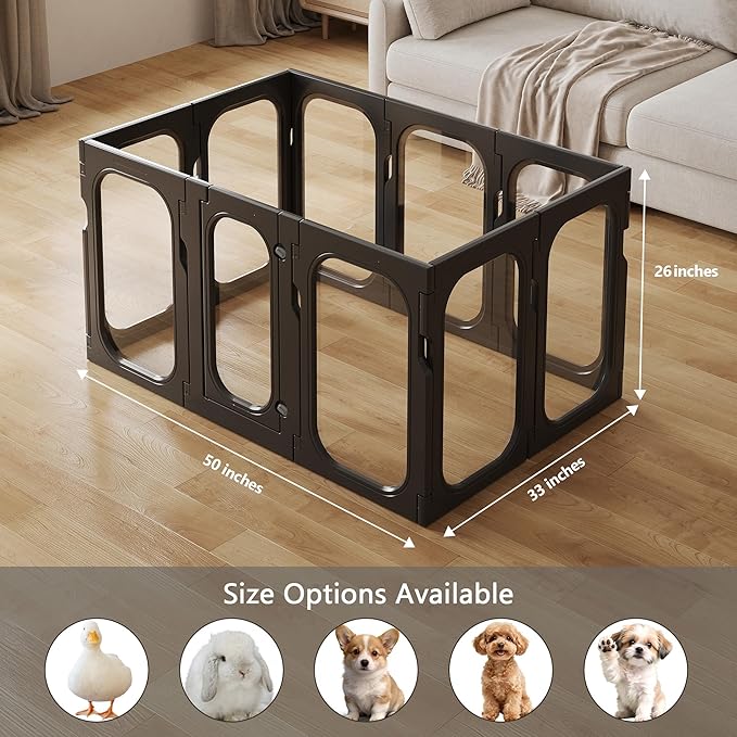 Acrylic Clear Dog Playpen Indoor with Door, 26'' H Transparent Dog Play Pen for Small Dogs, No-Connector Modular Puppy Playpen with Integrated Suction Cups Base, 10 Panels, Black
