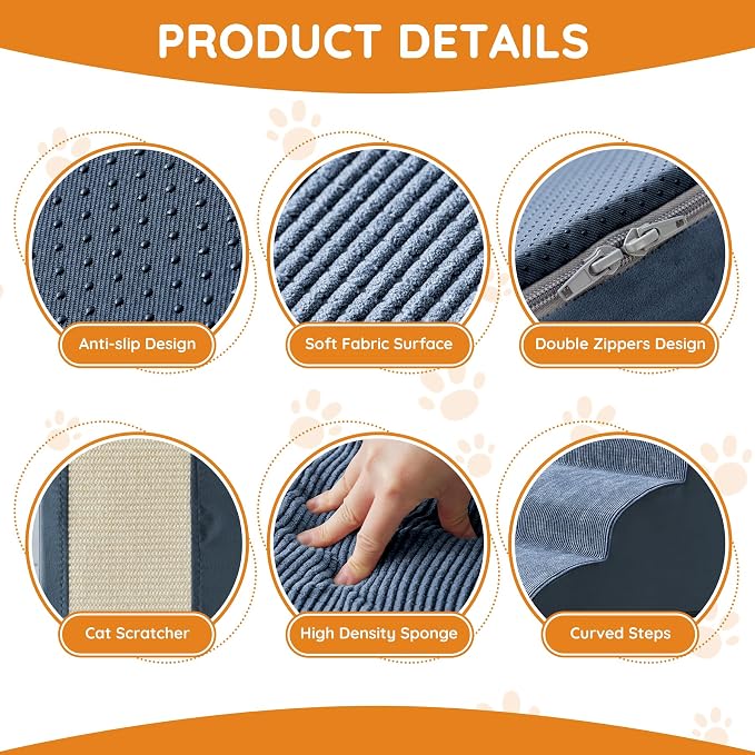 Dogs Steps for Bed, Dog Stairs for Small Dogs, 2-Step Dog Ramp for Bed, Couch, Sofa, and Chairs, Non-Slip Bottom Design, Cat Scratching, High Density Foam Portable Pet Step, Indoor, Navy