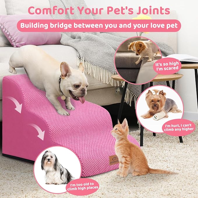 Zerbuger Dog Ramp and Stair for Bed 16" H-20 H,3-Step Cat Stair for Sofa and Chair,4-Step Dog Ramp for High Bed and Window,Durable Nonslip Fabric Cover for Indoor (Pink-16 H, Pet Friendly, 3)