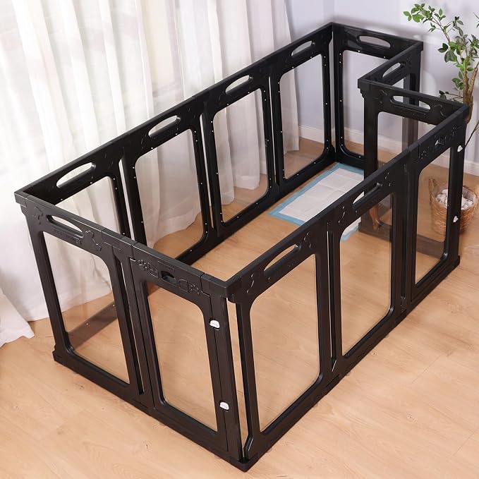 12 Panels Clear Dog Playpen, Modular 2 Room & Toilet Area, Ideal for Small & Toy Dogs, Black