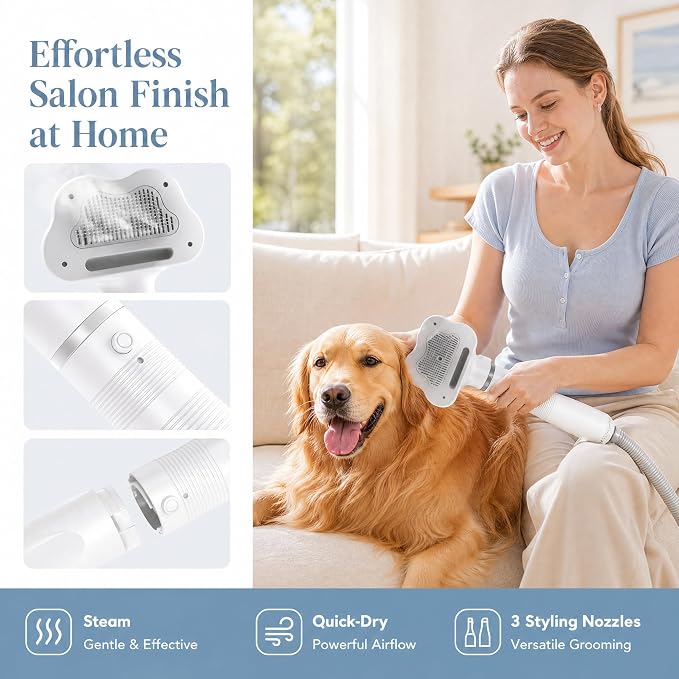 Pet Hair Dryer Brush, Dog Slicker Grooming Blower with Adjustable Temperature & Low Noise, Portable Pet Hair Dryer Comb for Small Medium Dogs Cats, Fast Drying & Detangling for Long/Short Haired Pets