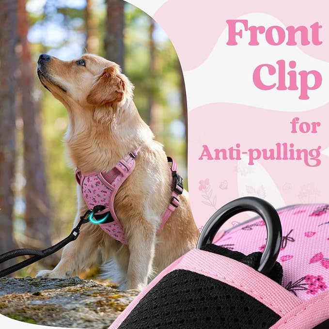 rabbitgoo Dog Harness Medium Sized, Updated Easy On & Off with 3 Buckles | No Pull No Choke, Walking with 2 Clips and Handle, Adjustable Soft Reflective, Floral Pink, Medium