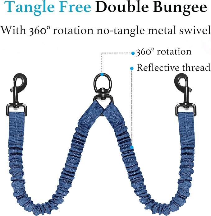 iYoShop Double Dog Leash, 360° Swivel, No Tangle, Large, True Navy | Dual Leash for Two Dogs, Split Leash, Shock-Absorbing Bungee, Padded Handle, Heavy-Duty Rope