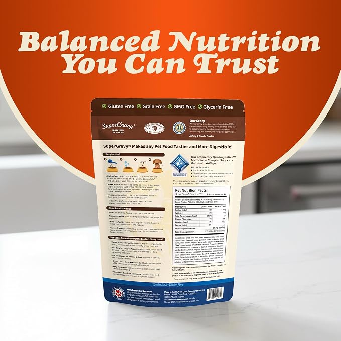 CLEAR CONSCIENCE PET® Paw Jus SuperGravy® Dog Food Topper Hydration Broth Mix Greek Yogurt Cheese Blend Kibble Seasoning Probiotics Prebiotics Enzymes Taurine, 2.1 oz. 14 Scoops All Life Stage
