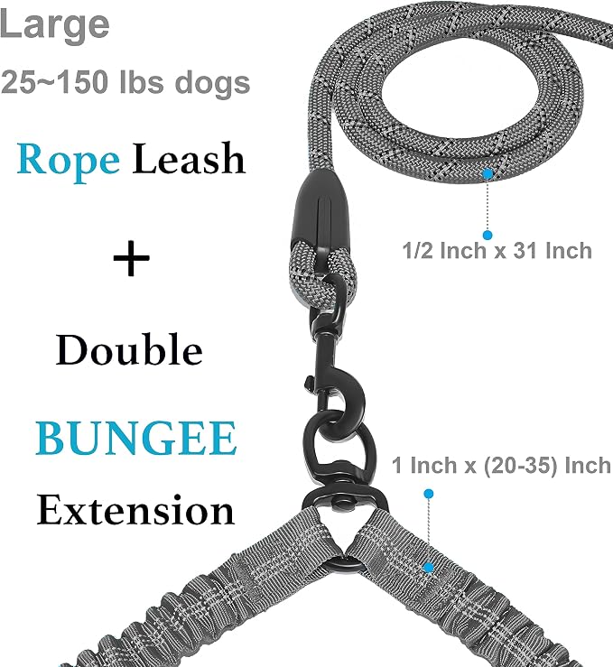 iYoShop Double Dog Leash, 360° Swivel, No Tangle, Large, 25-150 lbs, Grey | Dual Leash for Two Dogs, Split Leash, Shock-Absorbing Bungee, Padded Handle, Heavy-Duty Rope