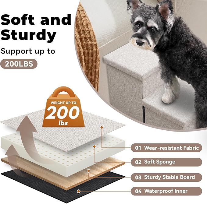 Zerbuger Dog Stairs with Condo 18" H, 3-Step Wider Dog Steps for High Beds Couch, Folding Storage Pet Stairs Gift for Small/Medium/Large Old Dogs Cats, Ramp for Climbing Car Up to 200 lbs, Beige