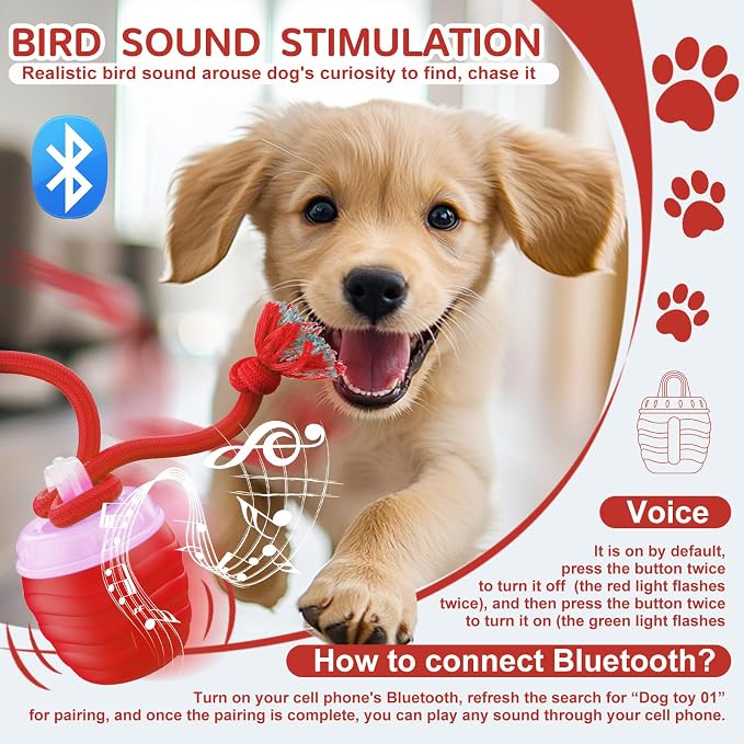 Interactive Dog Toy, [Newly Upgraded] Motion Activated Rolling Squeaky Ball for Medium/Large Dogs, Automatic Moving Dogs Ball for Boredom, USB Rechargeable(Red)
