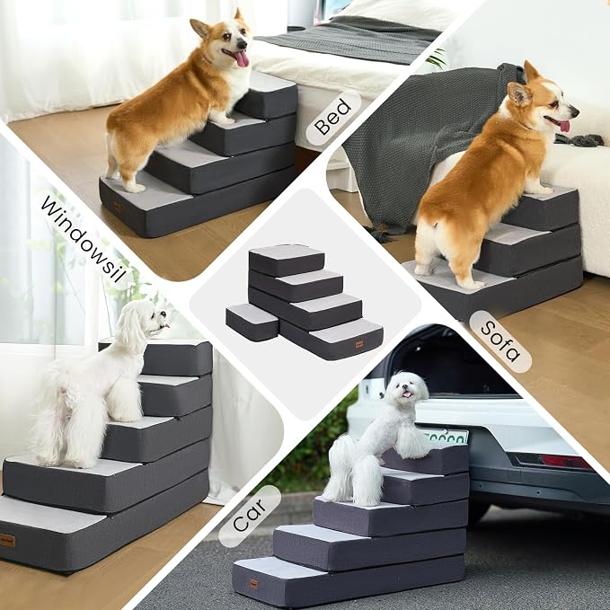 Garnpet 4-Step Adjustable Dog Stairs for Beds, Dog Steps for Small Dogs and Cats, Foldable Pet Stairs for Bed Climbing, Non-Slip Pet Step Indoor, Grey