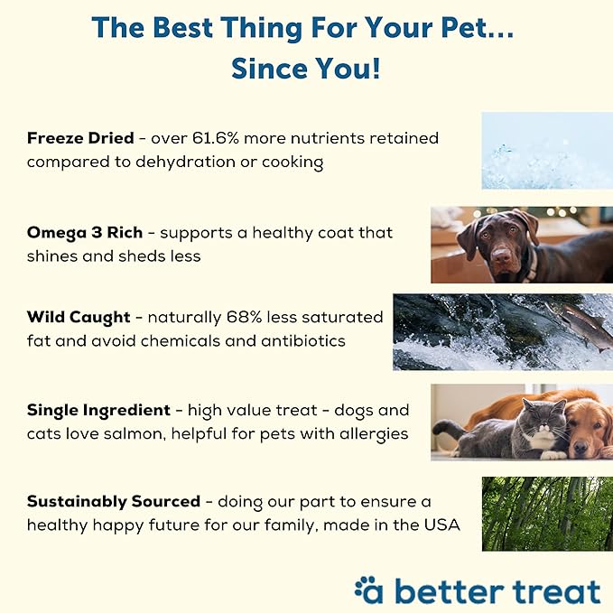 A Better Treat - Freeze Dried Salmon Dog Treats, Wild Caught, Single Ingredient | Natural High Value | Gluten Free, Grain Free, High Protein, Diabetic