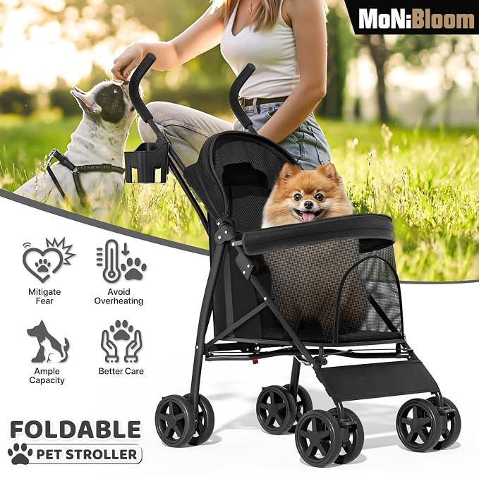 MoNiBloom 4-Wheel Foldable Pet Stroller - Black, up to 22lbs