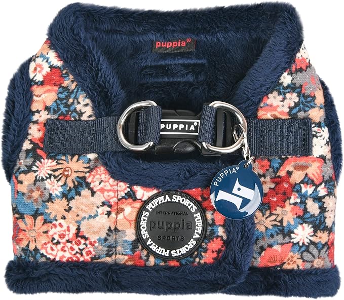 Puppia Gianni Vest Dog Harness Step-in Warm Winter Flower Pattern for Small and Medium Dog, Navy, Small