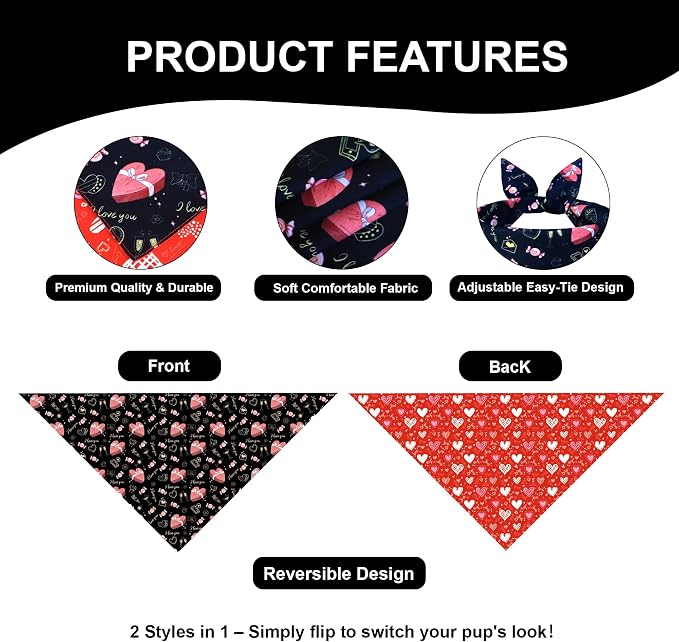 Valentine’s Day Dog Bandana for Large to X-Large Dogs, Large, Black