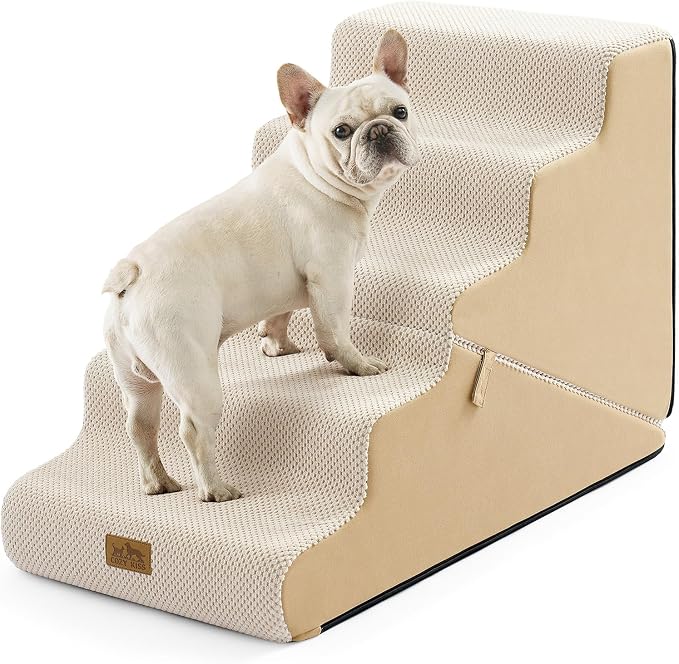 COZY KISS Dog Stairs for Small Dogs, 5-Step 2-in-1 Dog Steps,22.4" H | 5-step dog stairs and ramps for Old Cats, Puppy, Small Dogs,Non-Slip Base,for Couch & Bed, Beige