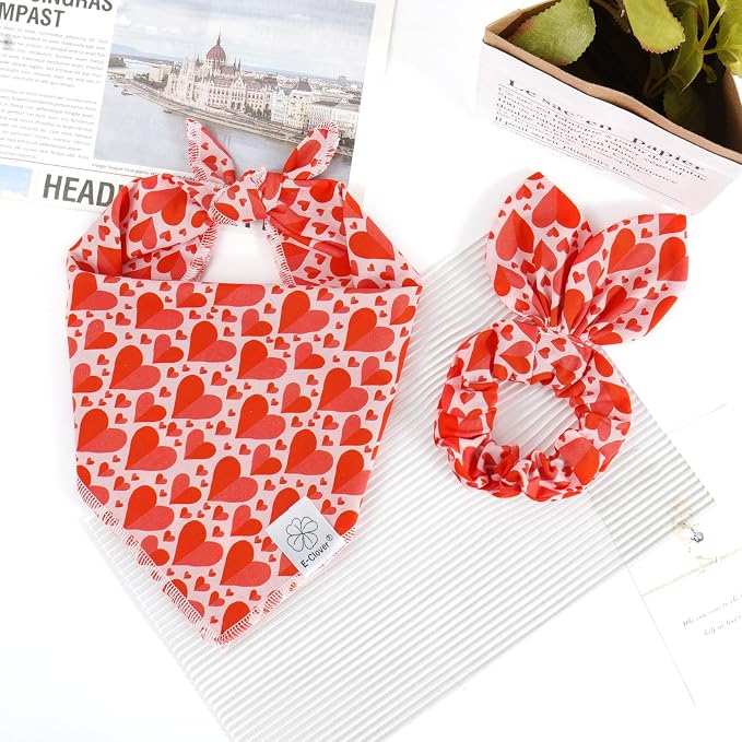 E-Clover Mother's Day Heart Dog Bandanas & Matching Scrunchie Set Cute Girl Dog Scarf, Large-set of 1, Medium, Red