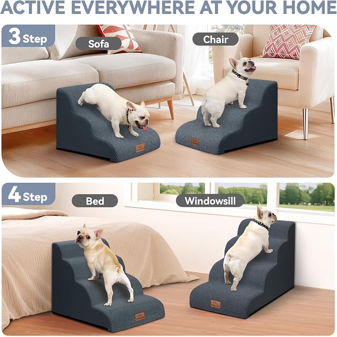 Zerbuger Dog Ramp and Stair for Bed 16" H-20 H,3-Step Cat Stair for Sofa and Chair,4-Step Dog Ramp for High Bed and Window,Durable Nonslip Fabric Cover for Indoor (Dark Grey-16 H, Pet Friendly, 3)