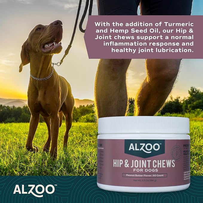 ALZOO Hip and Joint Supplement Dogs, Glucosamine Chondroitin MSM Formula, Mobility & Joint Support Supplement, Peanut Butter Flavor, Soft Chews, 90 Count, All Breeds