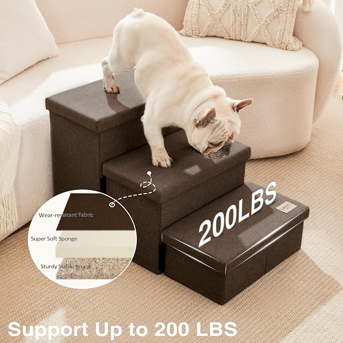 Love's cabin Dog Stairs for High Bed 18" H, Foldable Pet Stairs for Small Medium or Large Dogs Puppy with Storage for Bed or Couch, Cat Dog Steps Ramp with Zip up to 200 lbs, Coffee, 3 Steps