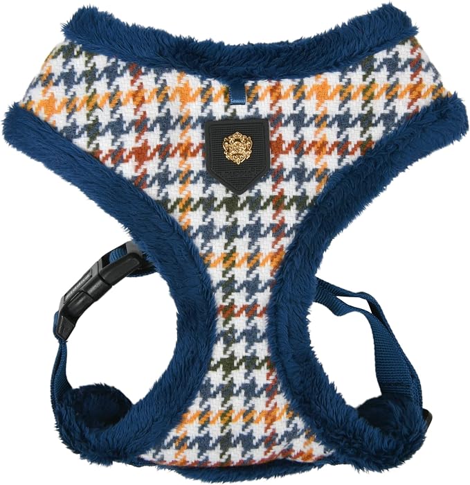 Puppia Kent Dog Harness Over-The-Head Warm Winter Houndstooth Pattern Adjustable Chest for Small and Medium Dog, Blue, Large