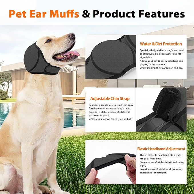 Dog Ear Covers for Bath, Swimming & Grooming – Water-Resistant Ear Protection Wraps for Dogs, Adjustable Reusable Shower Cap for Noise & Blow Drying Relief