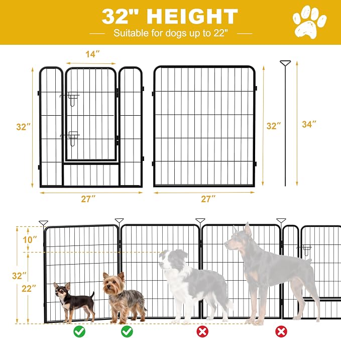 Heavy-Duty Iron Dog Playpen, Outdoor/Indoor, 32in, 8 Panels, Black Silver