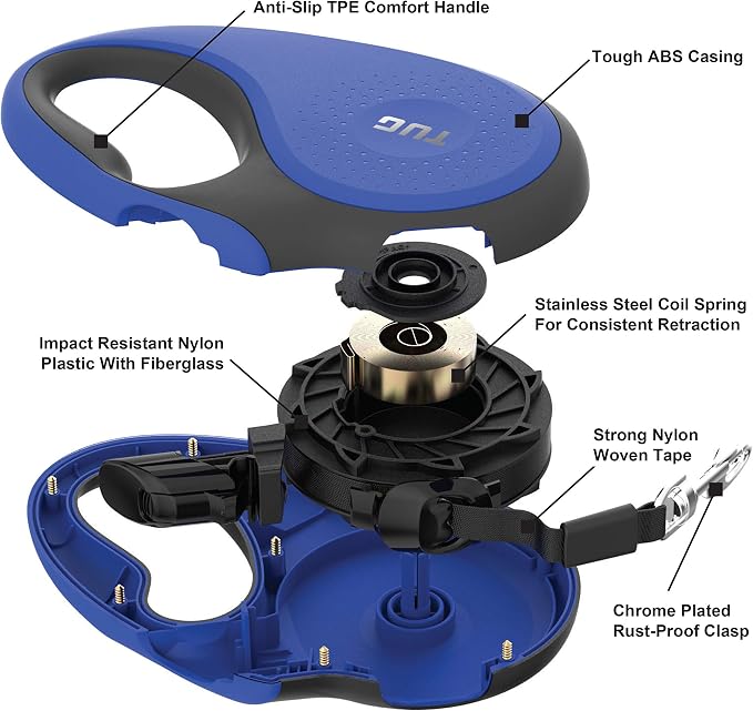 TUG Original Retractable Dog Leash, 16 ft (Medium, Blue) | 360° Tangle-Free Retraction, 16 ft Tape, Quick Thumb Lock, Anti-Slip Handle, For Dogs Under 55 lbs