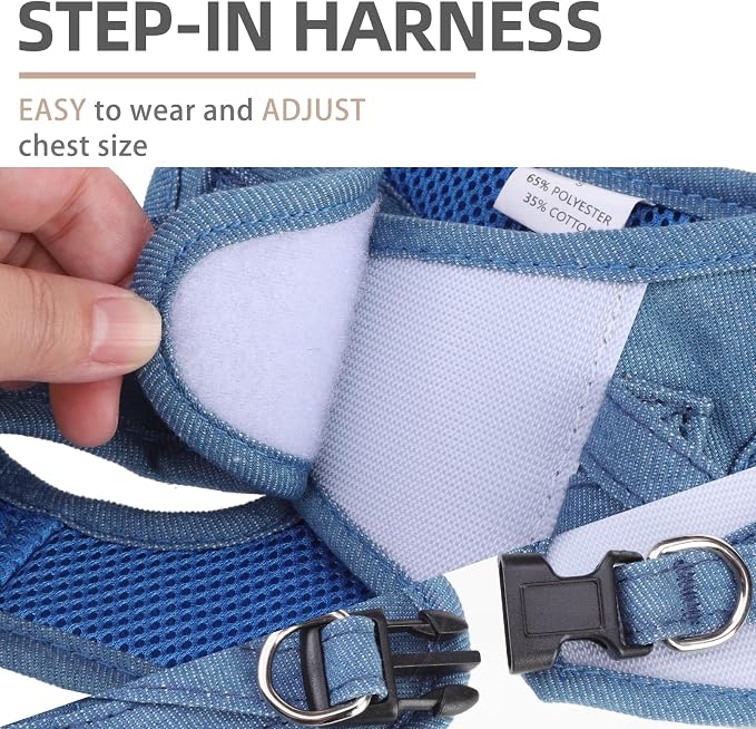 PUPTECK Dog Harness and Leash Set for Small Medium Dogs No Pull Step-in Soft Mesh Puppy Cat Vest Harnesses Reflective at Night, Denim Steelblue S